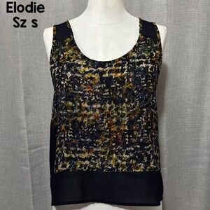 Elodie Tank-Sz S-Navy Sheer Trim-Multi Color Body-Polyester-EUC